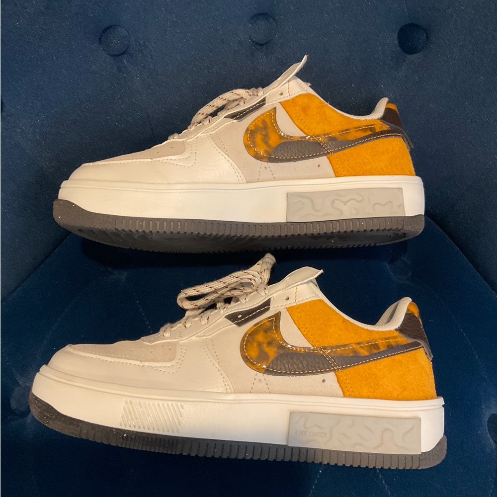 Nike Fontanka AF 1’s gold and White Sneakers with Brown Details